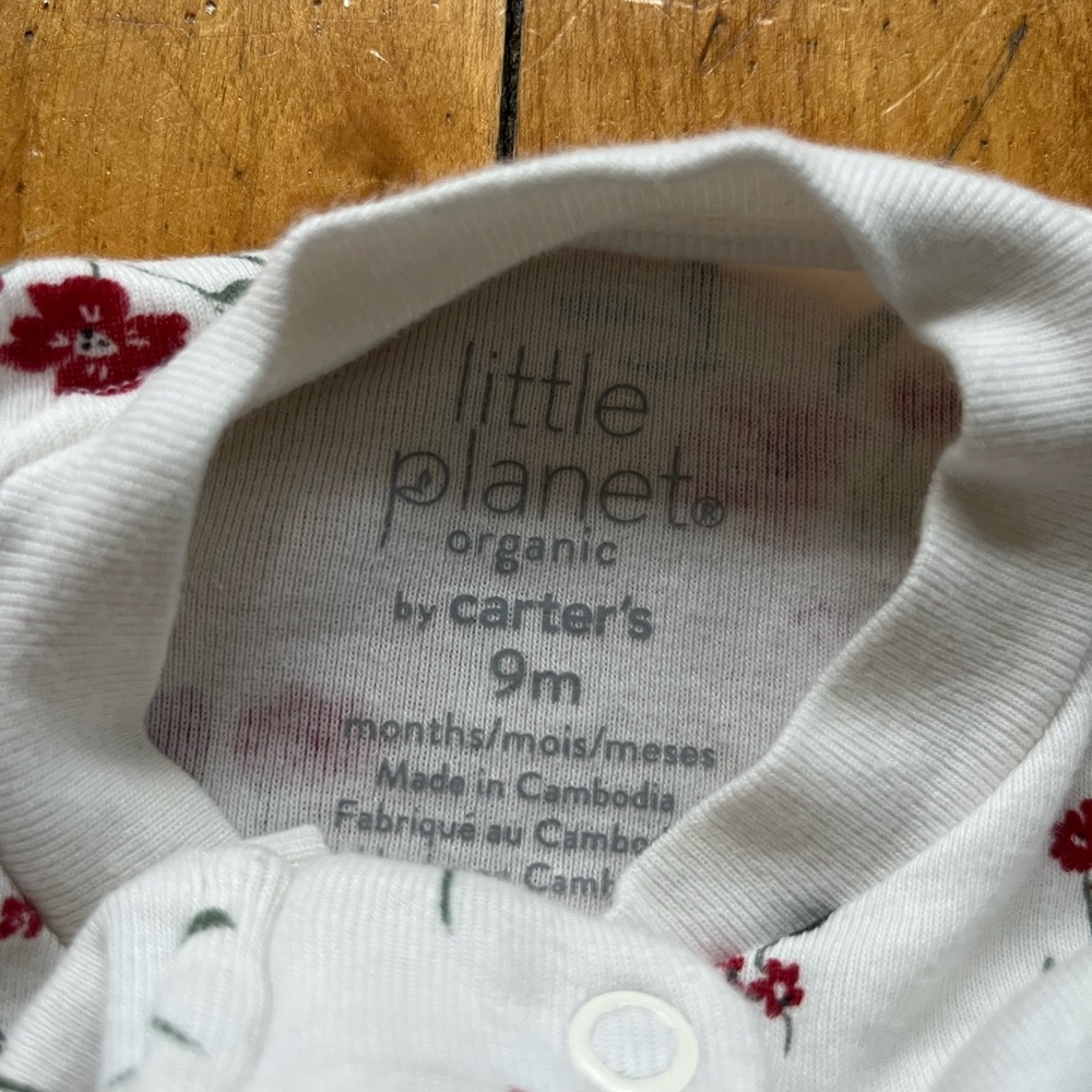 Carters Little Planet Organic Cotton Full Zip White Red Floral Onesie Baby‎ 9M - Picture 3 of 4